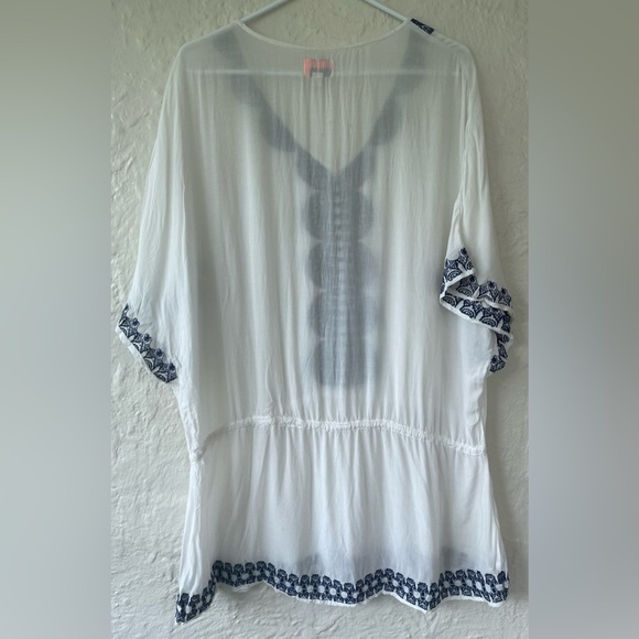 Stella & Dot White/Navy Swim Cover Embroidered Lace Shirt, Tie Waist; size M - Picture 7 of 8